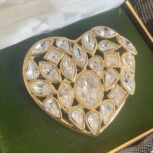 Yves Saint Laurent Vintage Heart Shaped Brooch, Clear Stones, Original Box!